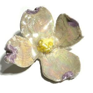 Dogwood Blossom Flower Floral Brooch Pin Iridescent Lustrous Ceramic Handcrafted